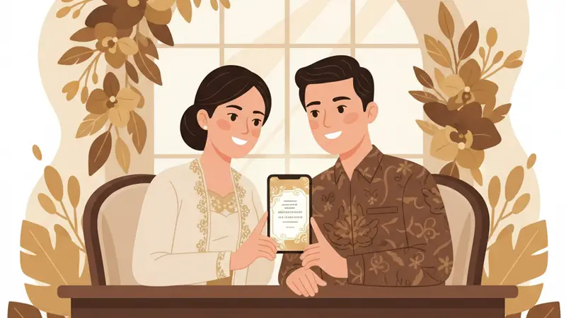 Pasangan pengantin sedang melihat undangan digital terdekat di laptop