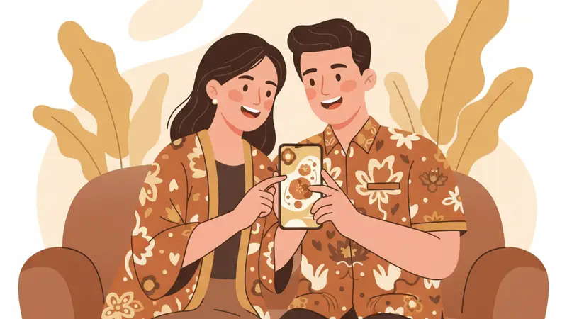 Pengantin baru sedang melihat hasil desain undangan digital mereka di Sannubari