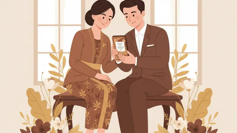 Ilustrasi pasangan duduk sambil melihat ponsel yang menampilkan desain undangan