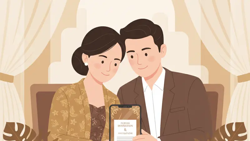 Ilustrasi pasangan melihat desain undangan pada perangkat genggam