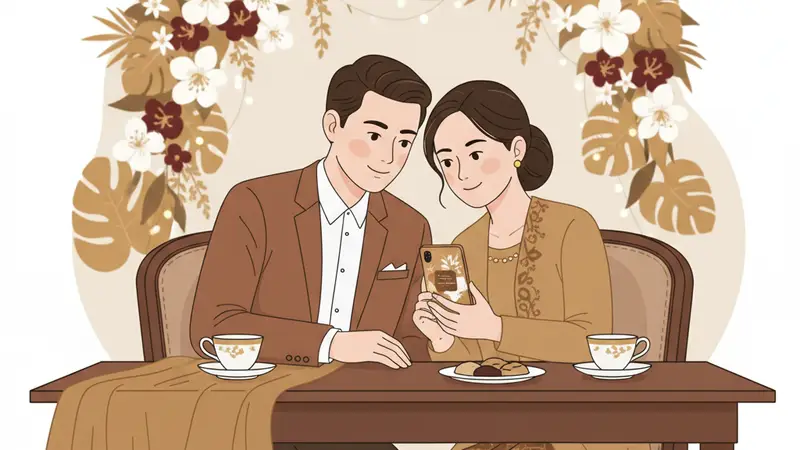 Pasangan sedang melihat undangan digital website free di laptop