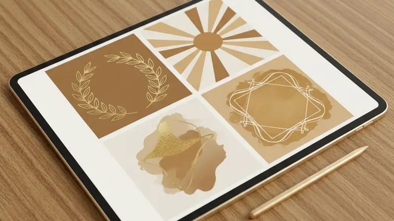 Tablet di atas meja menampilkan empat pilihan desain bernuansa emas dan krem