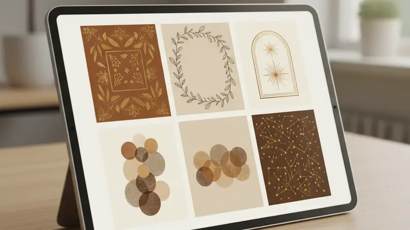 Tablet menampilkan beberapa pilihan desain undangan berwarna cokelat dan krem