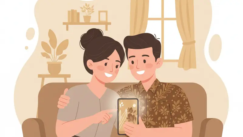 Ilustrasi pasangan tersenyum sambil melihat desain pada ponsel