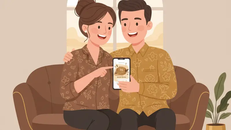 Ilustrasi pasangan duduk sambil memegang ponsel dengan desain undangan