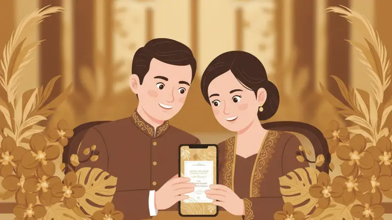 Ilustrasi pasangan menggunakan undangan digital website gratis