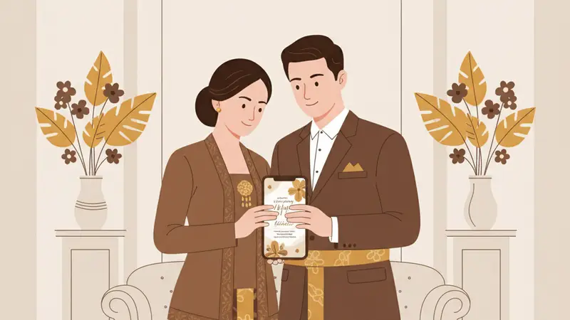 Ilustrasi pasangan sedang merencanakan pernikahan dengan undangan digital gratis