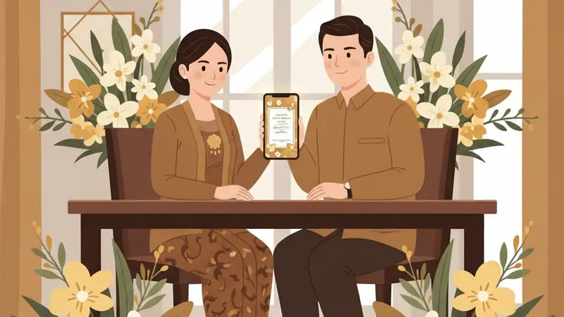 Ilustrasi pasangan menggunakan undangan digital website gratis