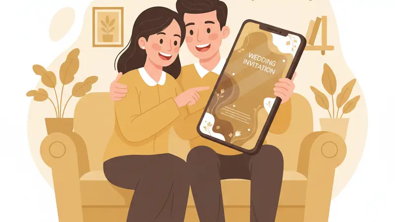 Pengantin melihat undangan digital profesional di tablet