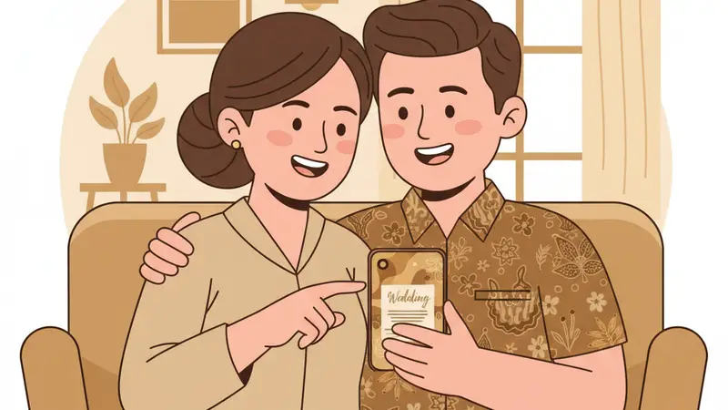 Ilustrasi tangan memegang tablet menampilkan undangan digital website gratis dengan fitur dasar