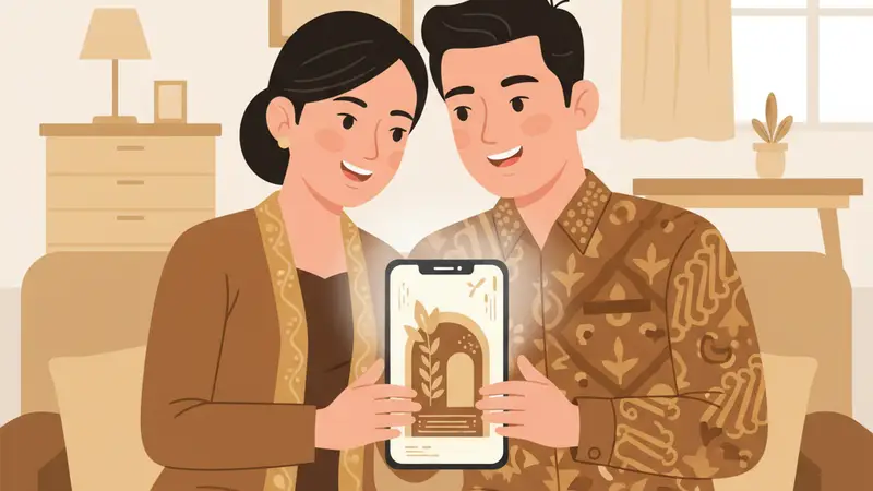 Pengantin melihat undangan digital di laptop dengan desain elegan