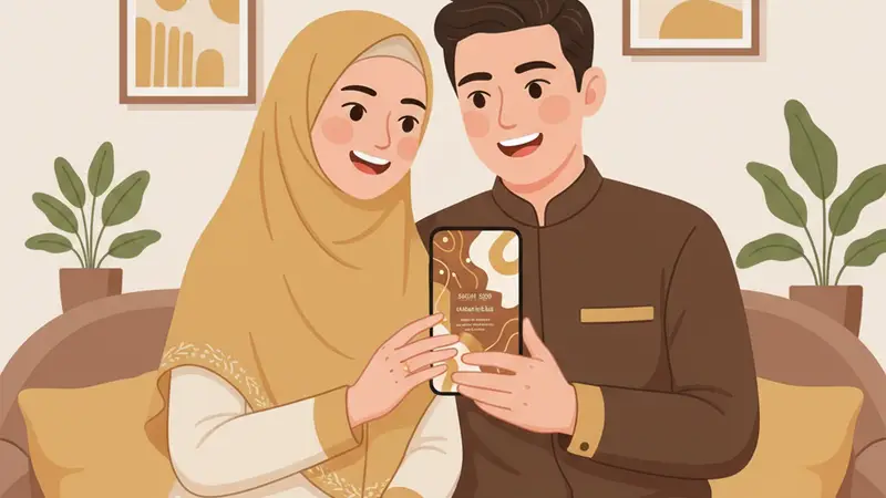 Pasangan memilih template undangan digital di laptop