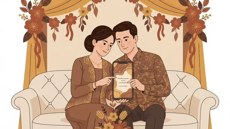 Pasangan pengantin melihat contoh undangan digital wedding di tablet