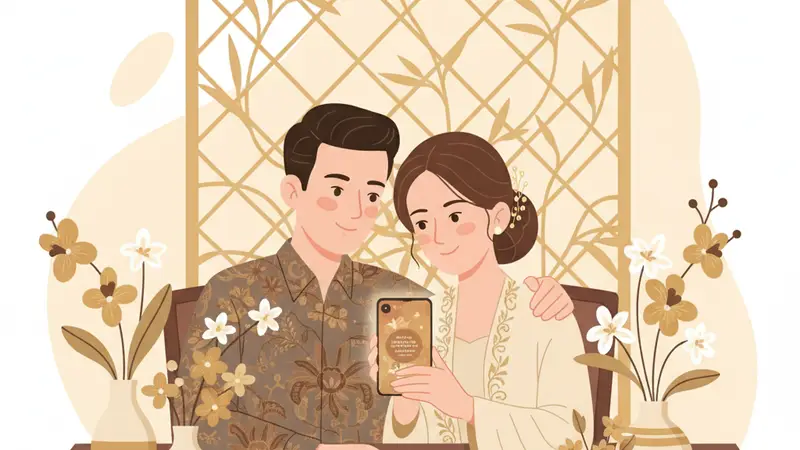 Ilustrasi keluarga bahagia dengan anak yang baru khitan, melihat undangan khitan online di tablet