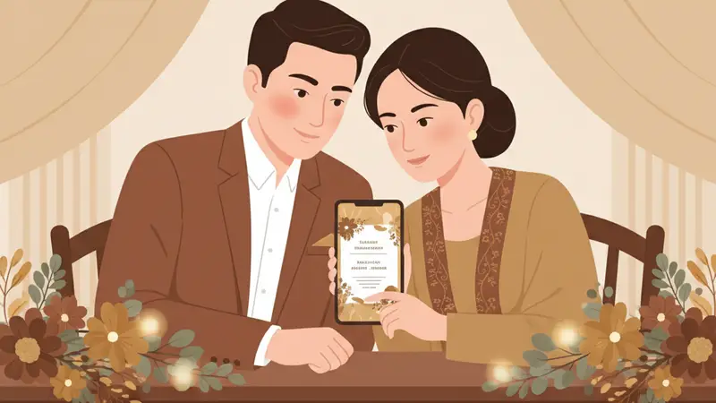 Ilustrasi keluarga Muslim bahagia dengan anak laki-laki yang baru dikhitan, memegang undangan digital di smartphone