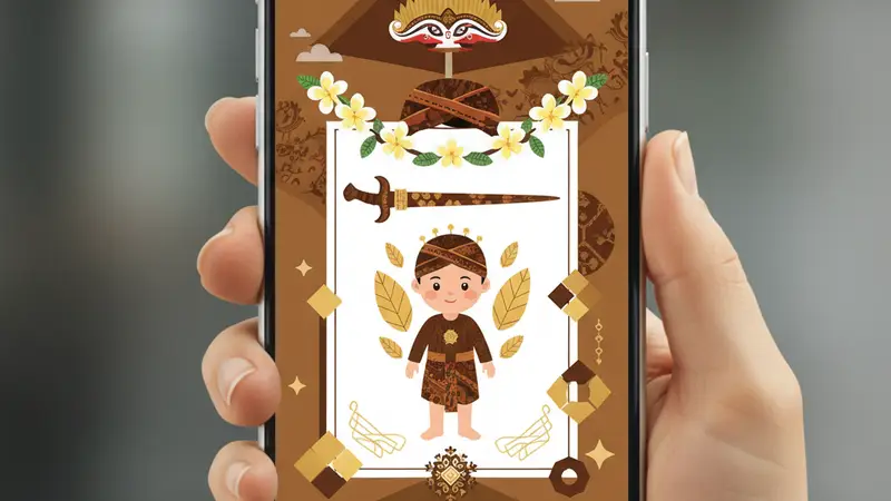 Ilustrasi seorang pria menggunakan laptop untuk mendesain undangan khitanan digital, dengan smartphone di sampingnya