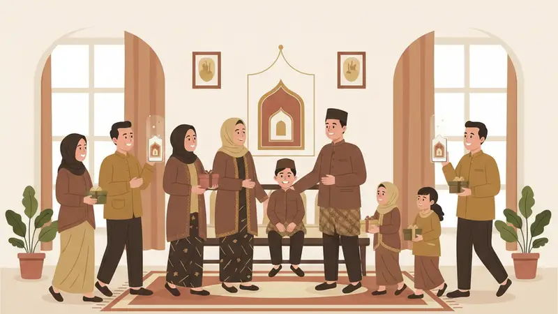 Ilustrasi tangan memegang smartphone menampilkan undangan khitanan digital di layar, dengan latar belakang ikon WhatsApp
