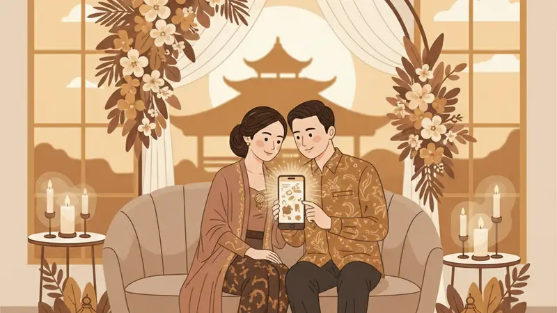 Ilustrasi pasangan duduk di sofa sambil melihat desain undangan pada ponsel