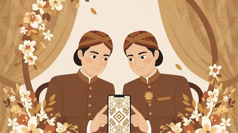 Ilustrasi dua orang berbusana adat cokelat memegang ponsel dengan desain undangan