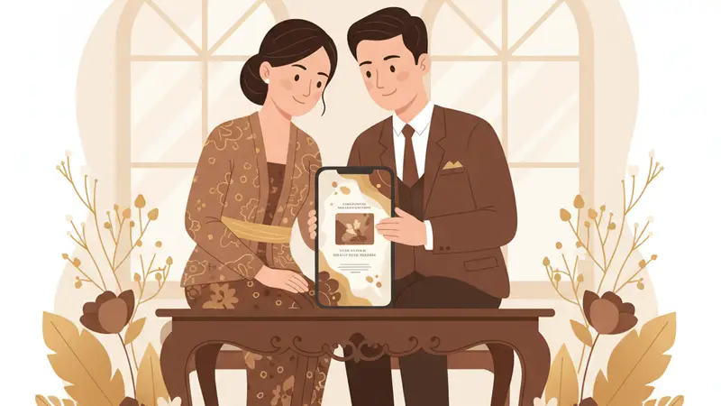 Pasangan bahagia melihat undangan nikah online gratis di laptop