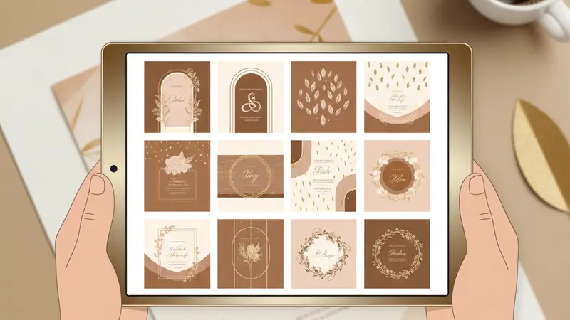 Ilustrasi dua tangan memegang tablet dengan dua belas pilihan desain bernuansa cokelat dan krem