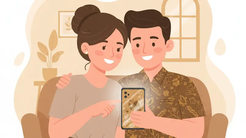 Ilustrasi pasangan tersenyum sambil memegang ponsel dengan desain undangan
