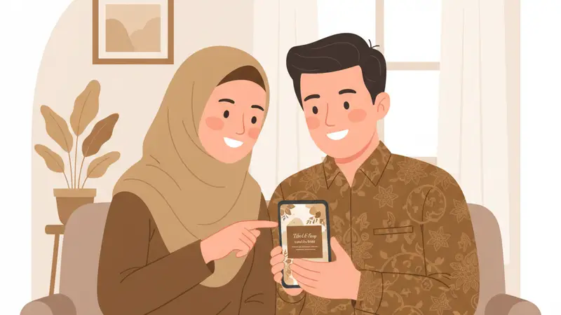 Pasangan sedang berdiskusi tentang pilihan undangan digital mereka