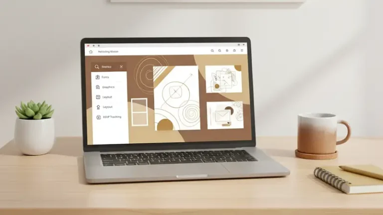 Laptop di atas meja menampilkan antarmuka pilihan desain undangan