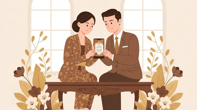Pasangan pengantin melihat undangan online aja di tablet