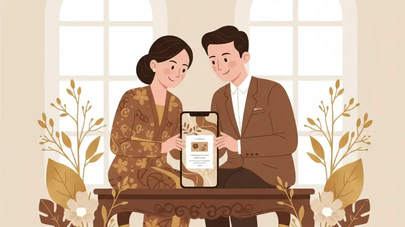 Pasangan pengantin melihat undangan online aja di tablet
