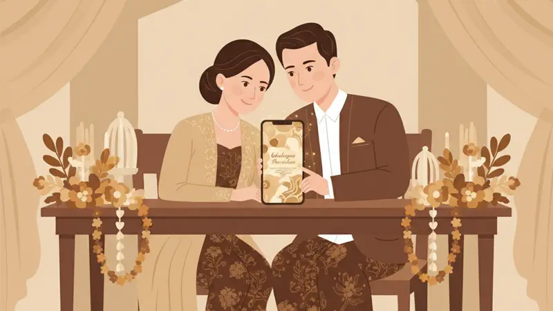 Ilustrasi keluarga muslim dengan bayi baru lahir, dikelilingi undangan digital aqiqah yang modern dan elegan.