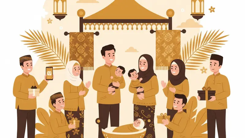 Keluarga bahagia dengan bayi di acara aqiqah, menerima undangan online