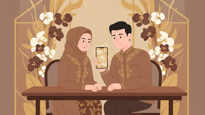 Pasangan pengantin sedang melihat undangan online digital di laptop