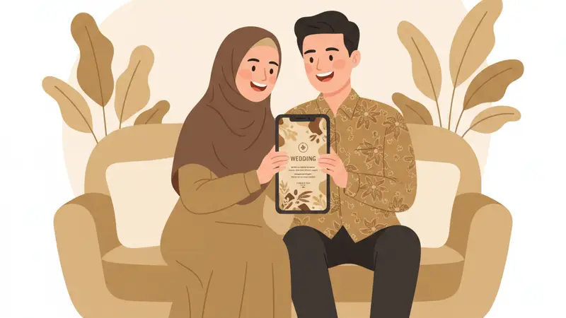 Pasangan pengantin bahagia melihat hasil undangan online digital mereka