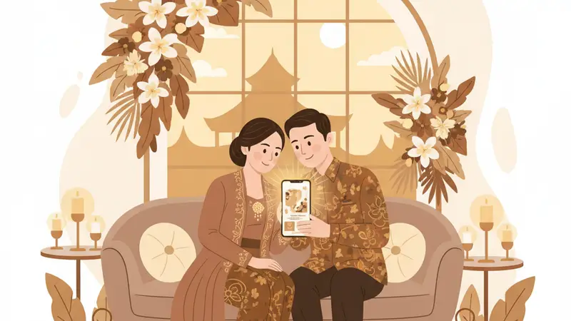 Ilustrasi keluarga bahagia dengan anak laki-laki yang baru dikhitan, memegang undangan online khitan di tablet