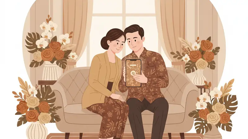 Ilustrasi keluarga bahagia dengan anak yang baru dikhitan, memegang tablet menampilkan undangan online khitan Sannubari