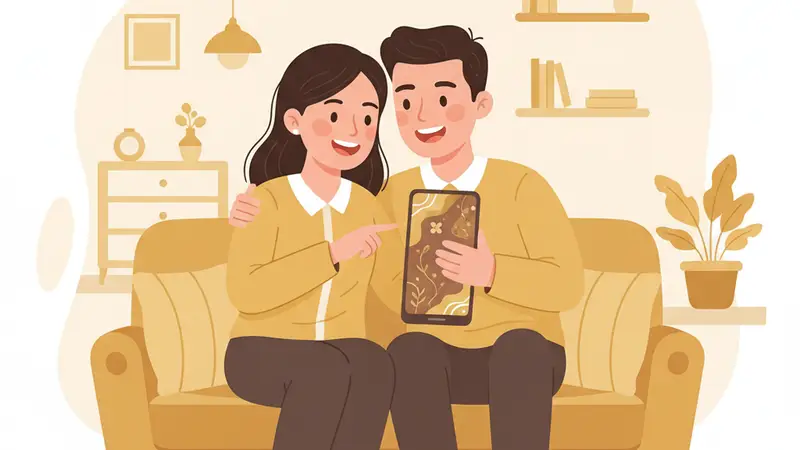 Seorang pria tersenyum sambil memegang smartphone menampilkan undangan online khitan, dengan latar belakang dekorasi khitanan