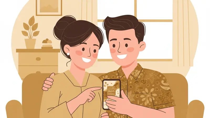 Seorang ibu memegang smartphone menampilkan undangan online khitan yang sedang dibagikan via aplikasi chatting
