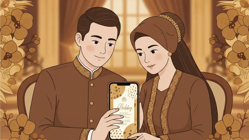 Ilustrasi keluarga sedang melihat undangan online khitanan di tablet