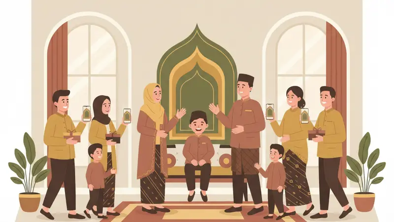 Ilustrasi orang tua bahagia melihat undangan online khitanan yang elegan