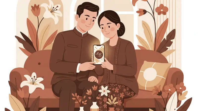 Pasangan berbahagia melihat undangan online pernikahan di tablet