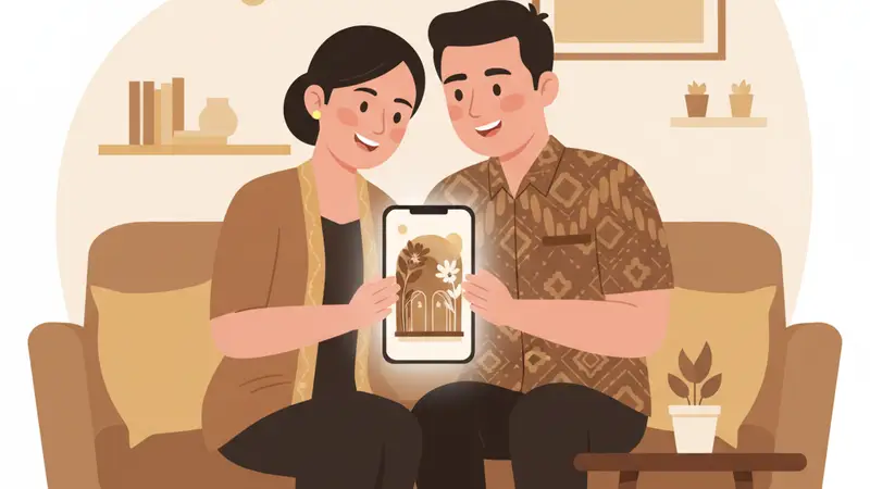 Pengantin muda membagikan tautan undangan online pernikahan melalui smartphone