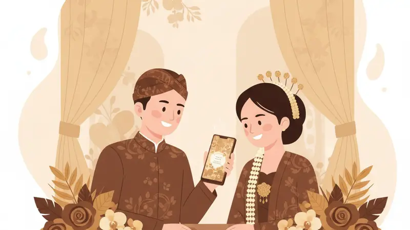 Seorang pengantin wanita sedang melihat undangan online pernikahan gratis di laptop