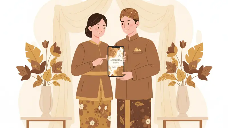 Pasangan sedang melihat undangan online pernikahan gratis di laptop