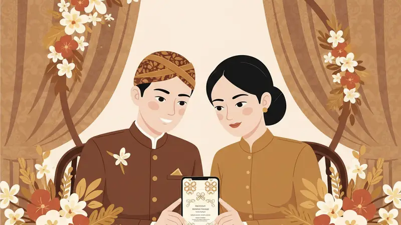 Pasangan pengantin melihat undangan online pernikahan gratis di laptop