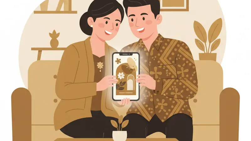 Pengantin baru sedang melihat undangan digital pernikahan gratis di ponsel