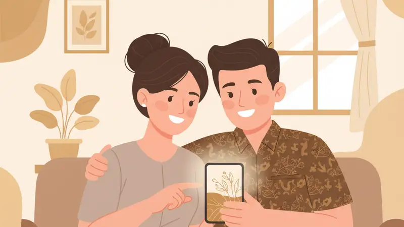 Pasangan pengantin melihat fitur-fitur undangan digital di tablet