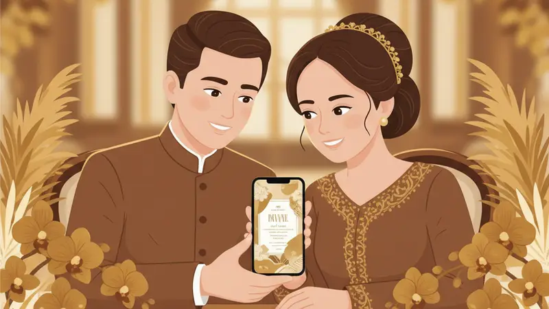 Pasangan pengantin melihat undangan online web di laptop