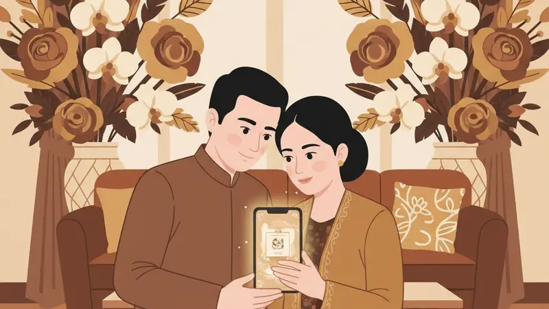Pasangan pengantin melihat undangan online web di laptop