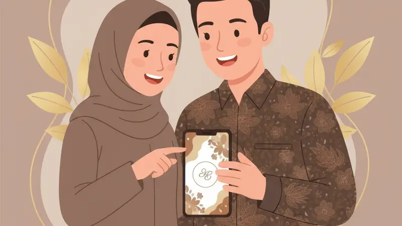 Pengantin memilih desain undangan online web di laptop